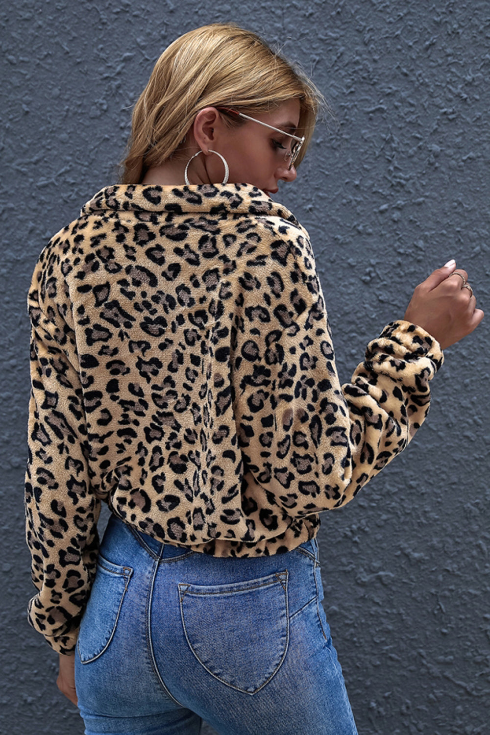 Leopard Print Lapel Zipper Fleece Pullover