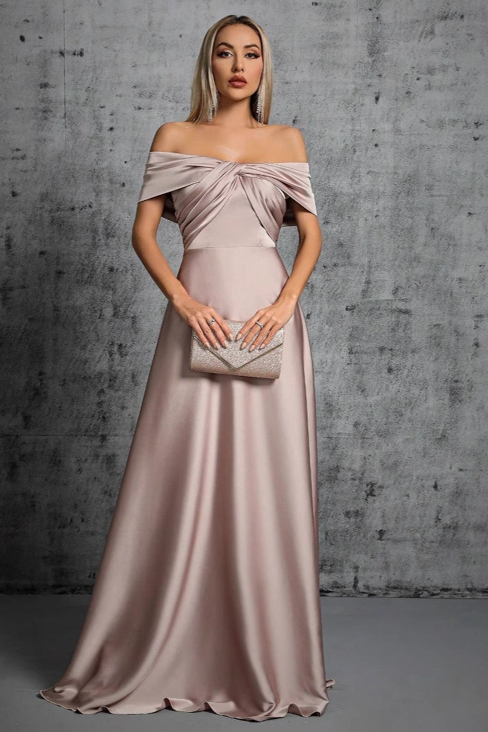 Satin Off Shoulder Twist Front A-Line Maxi Dress - View 5