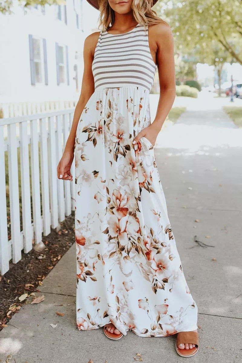 Striped Floral Print Patchwork White Maxi Dress  Fashionpara