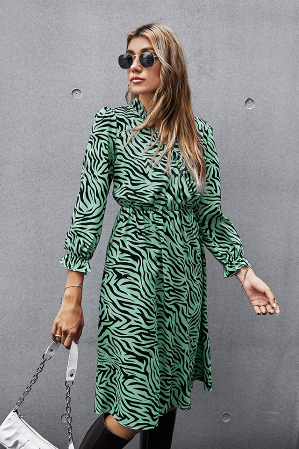 V-neck Print Waist Dress - Fashionpara