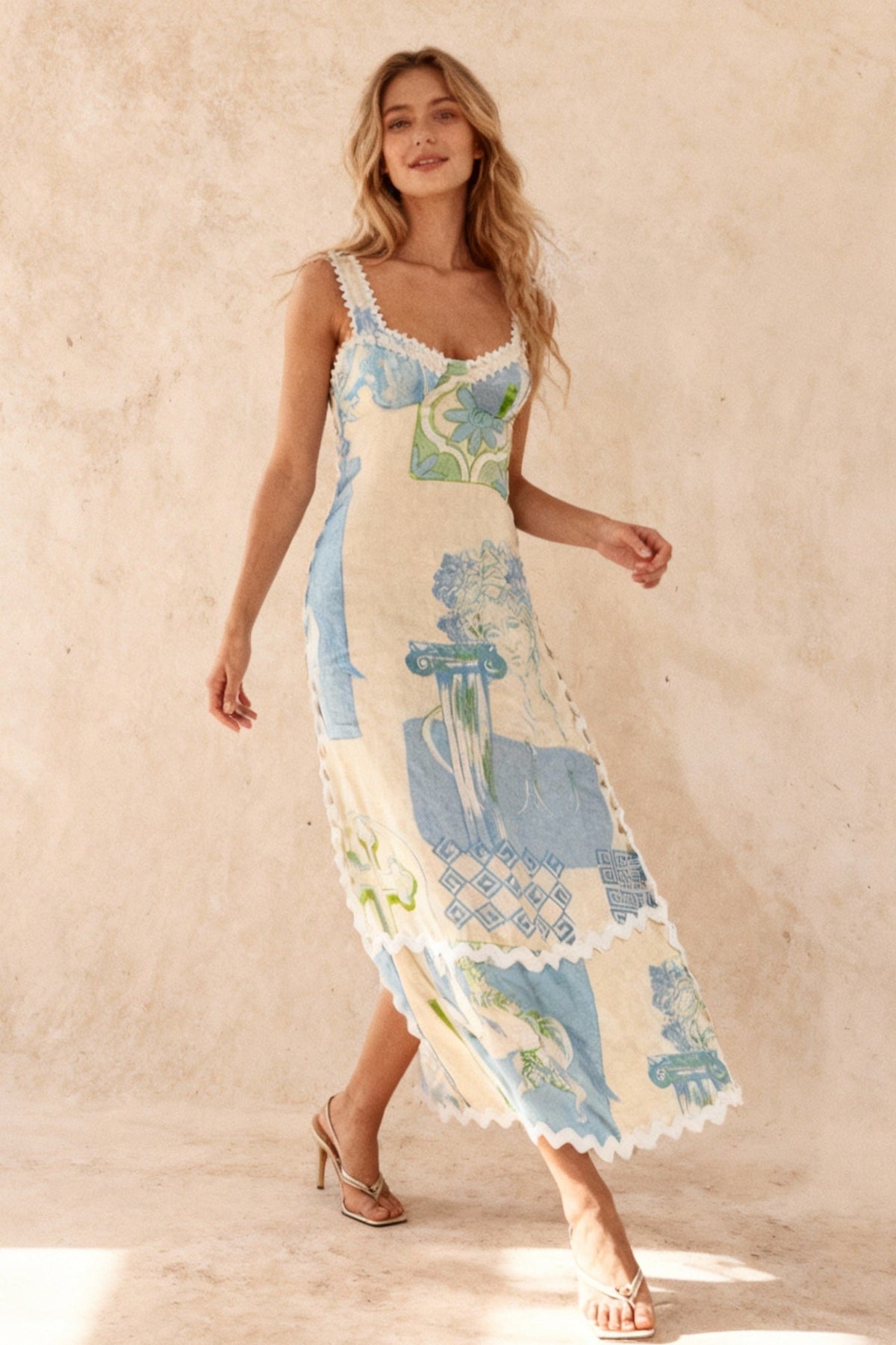 Printed Square Neck Tie Back Scallop Trim Maxi Dress 3
