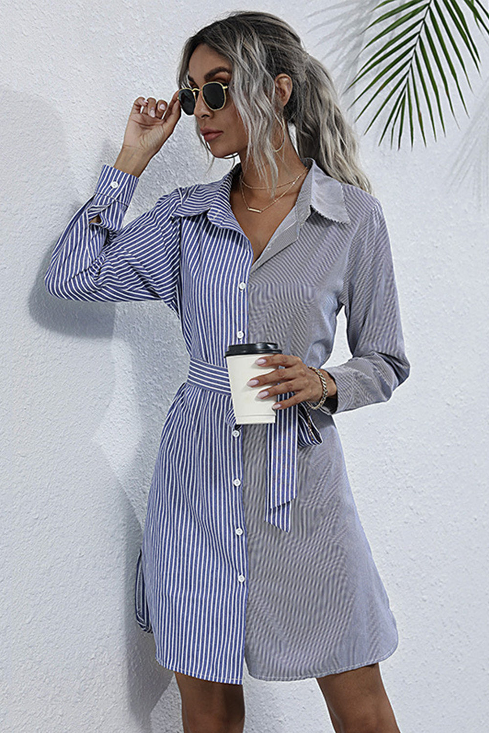 RadyRin Lace Up Slim Striped Cardigan Dress for Elegance