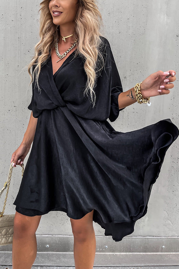 Batwing Sleeve Satin Mini Dress - Fashionpara