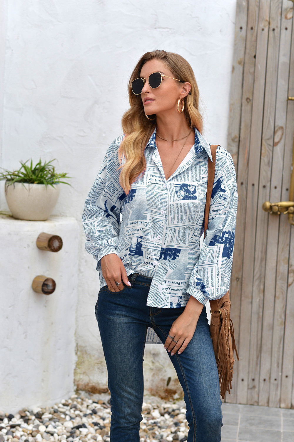 Letter Printed Long-Sleeved Button Shirt