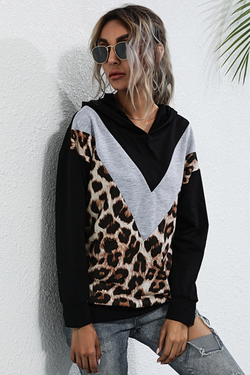 Leopard Print Contrast Stitching Long-sleeved Top