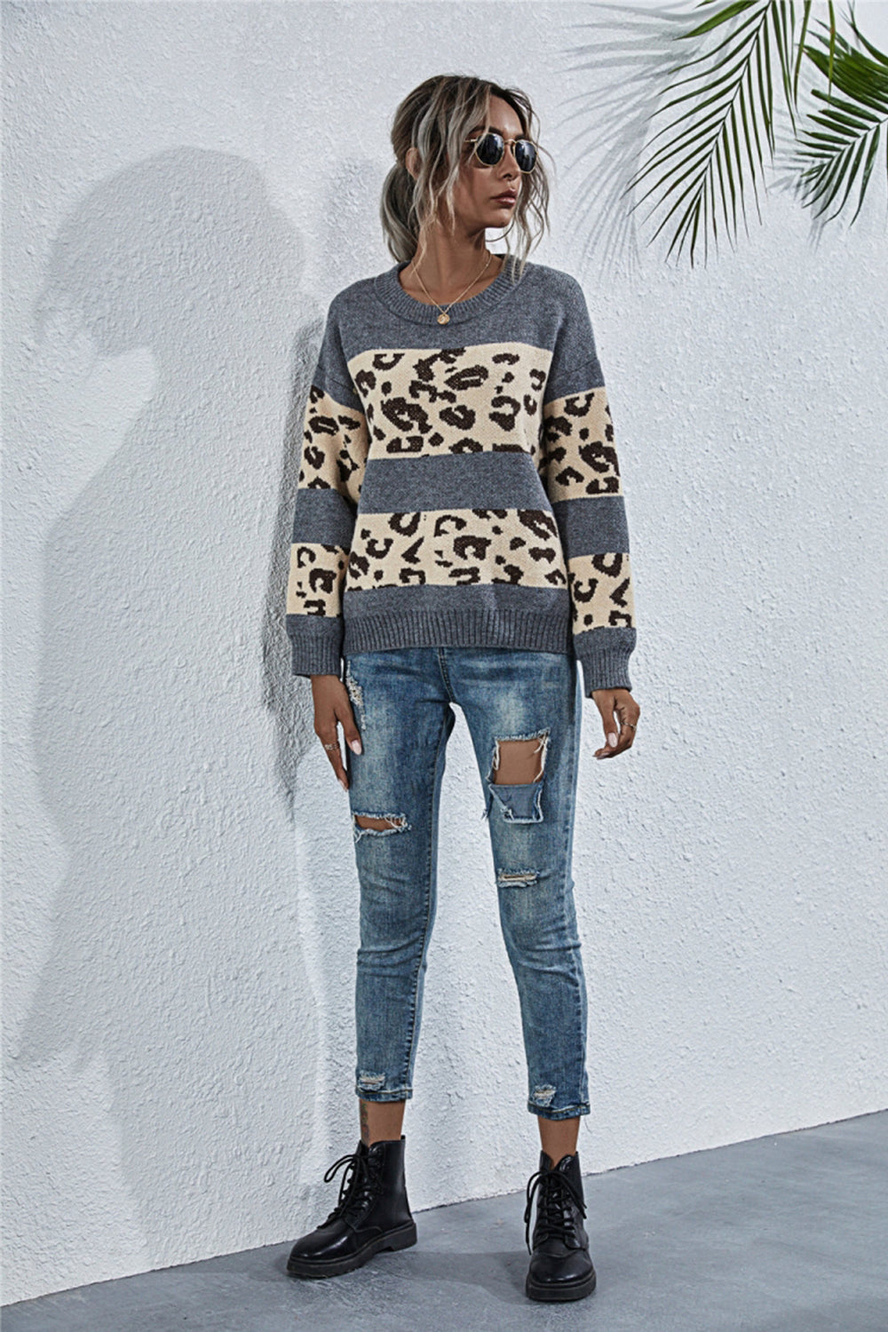 RadyRin Stylish Leopard Print Crew Neck Sweater for Comfort