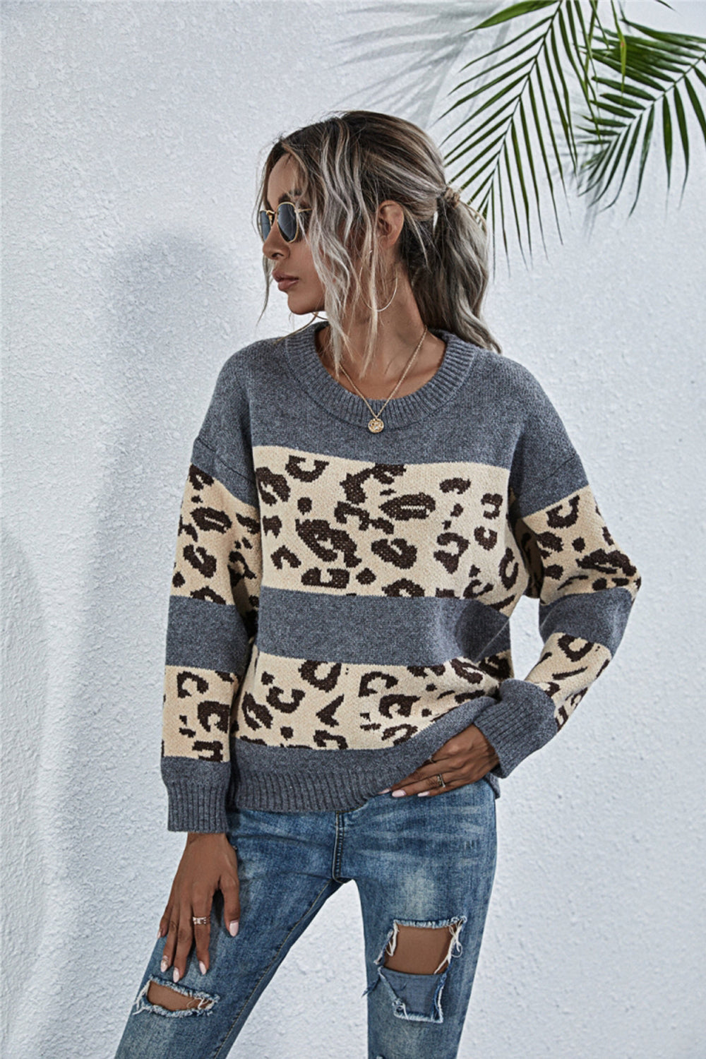 RadyRin Stylish Leopard Print Crew Neck Sweater for Comfort