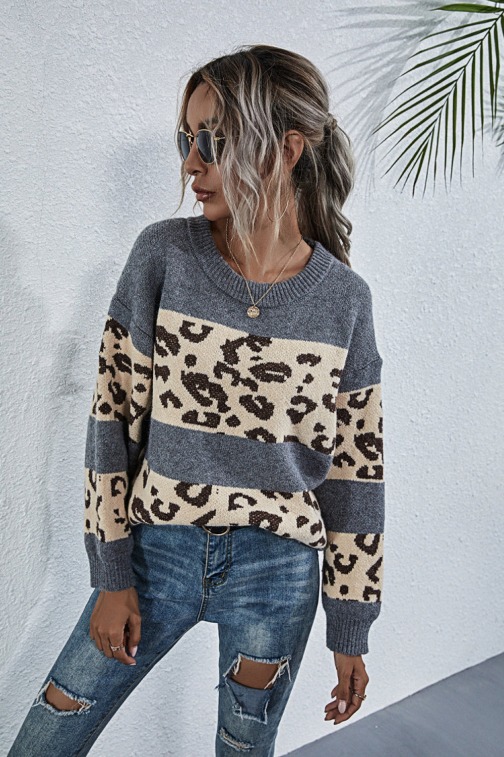 RadyRin Stylish Leopard Print Crew Neck Sweater for Comfort
