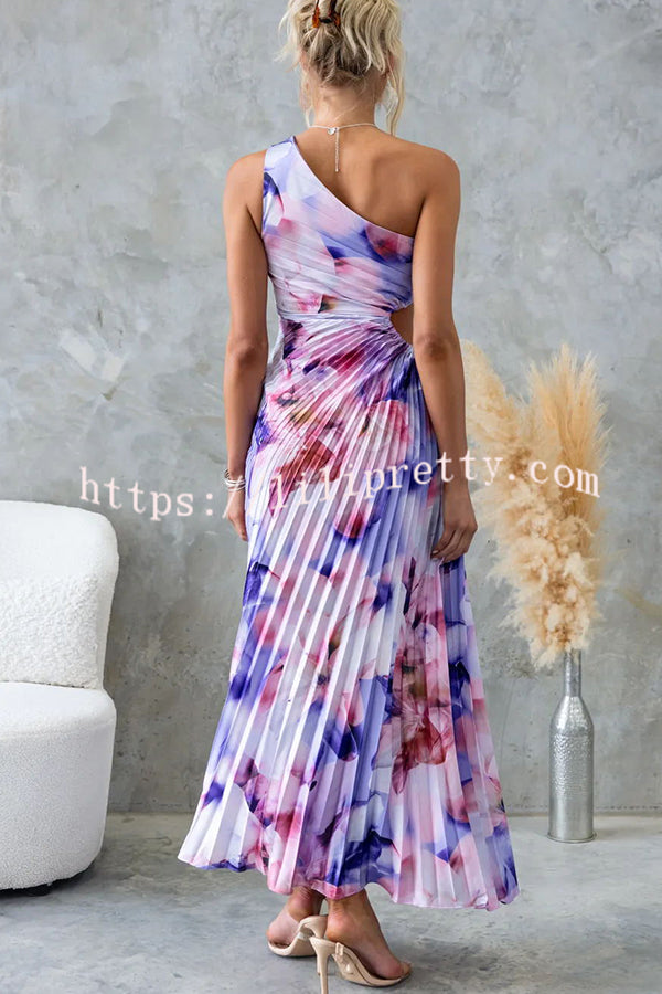 Laken Floral Print One Shoulder Adjustable Tie Cutout Pleated Maxi Dress - Fashionpara