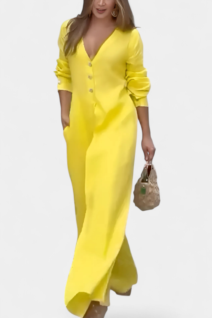 V-Neck Button Front Longline Top and Wide Leg Pants Two Piece Set 3