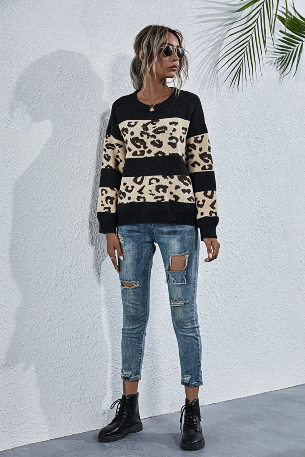 RadyRin Stylish Leopard Print Crew Neck Sweater for Comfort