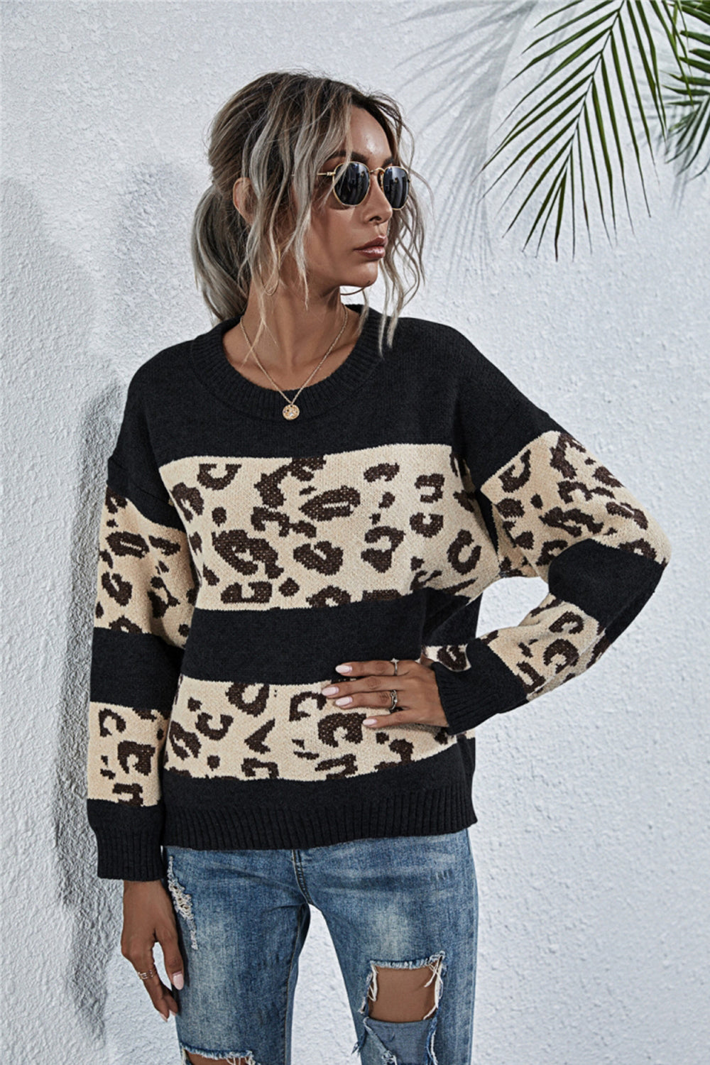 RadyRin Stylish Leopard Print Crew Neck Sweater for Comfort