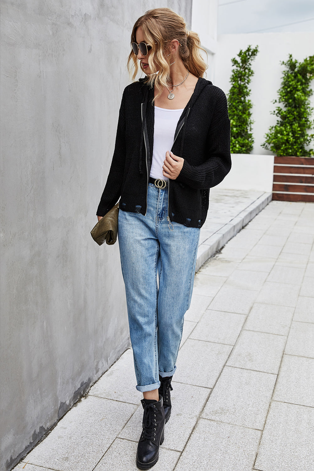 RadyRin Women's Knitted Open Front Hooded Sweater