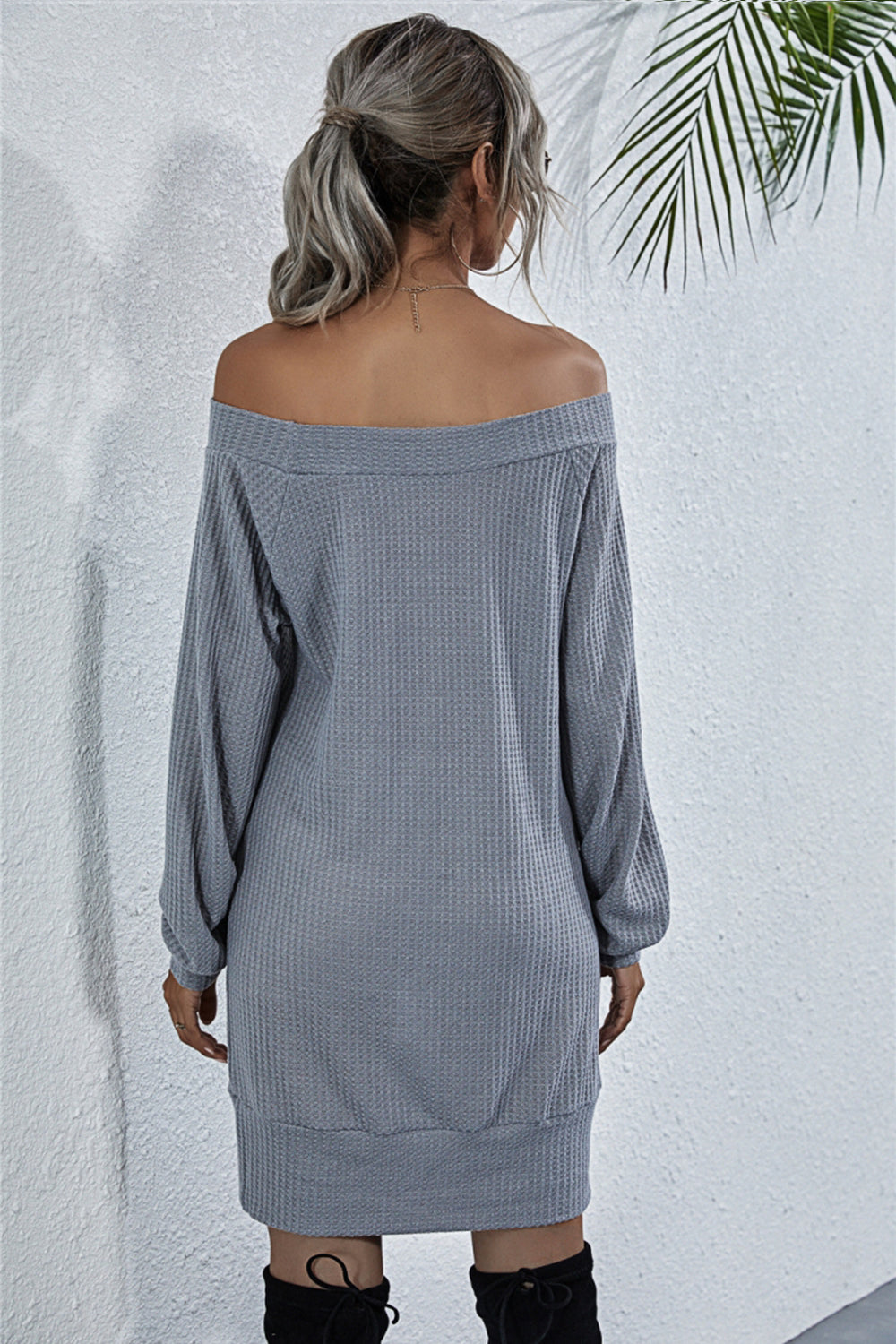 Off Shoulder Knitted Long Sleeve Dress - Fashionpara