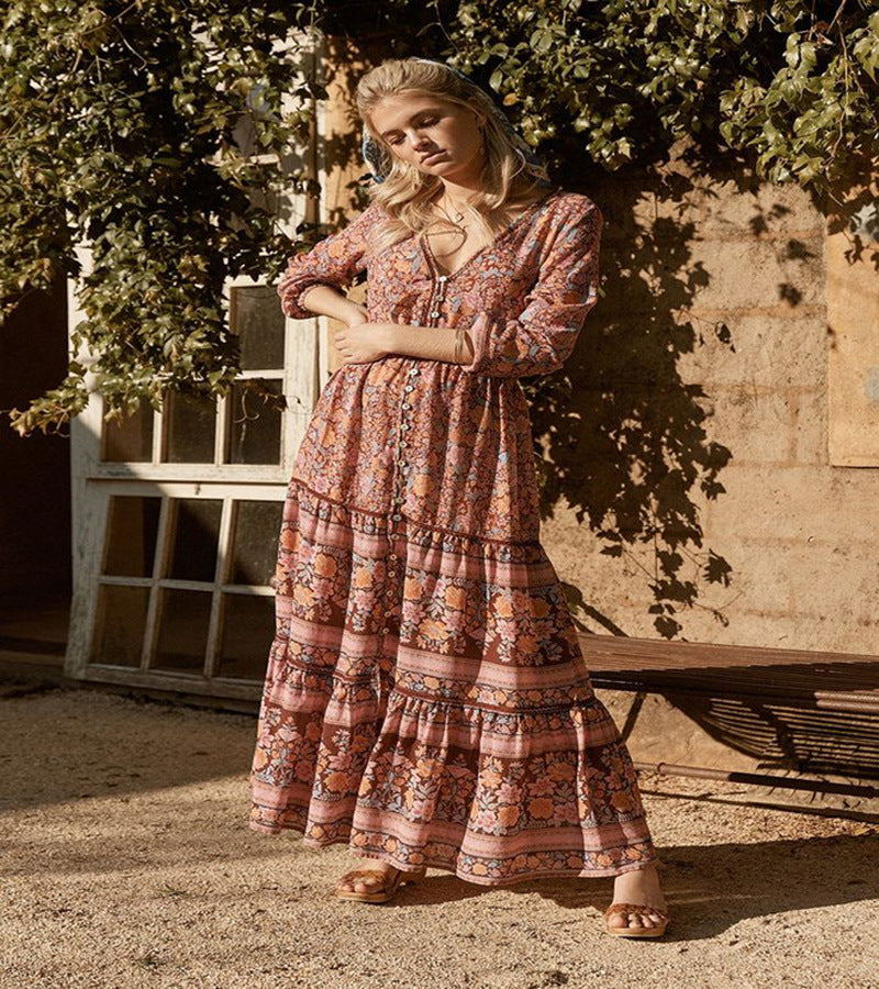 Floral Print V-Neck Long Sleeve Button Front Tiered Maxi Dress