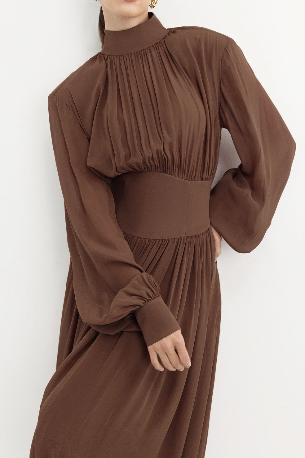 Satin High Neck Long Sleeve Blouson Maxi Dress 3