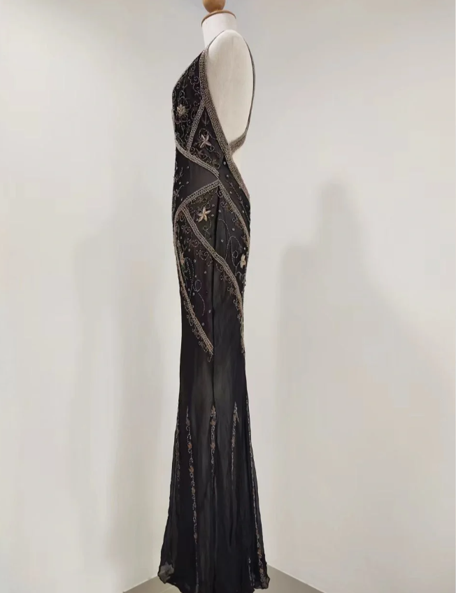 Vintage Black Mermaid V-Neck Backless Beaded Embroidered Chiffon Long Prom Dress Evening Dress P4215