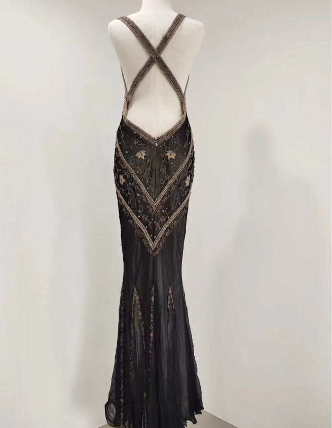 Vintage Black Mermaid V-Neck Backless Beaded Embroidered Chiffon Long Prom Dress Evening Dress P4215