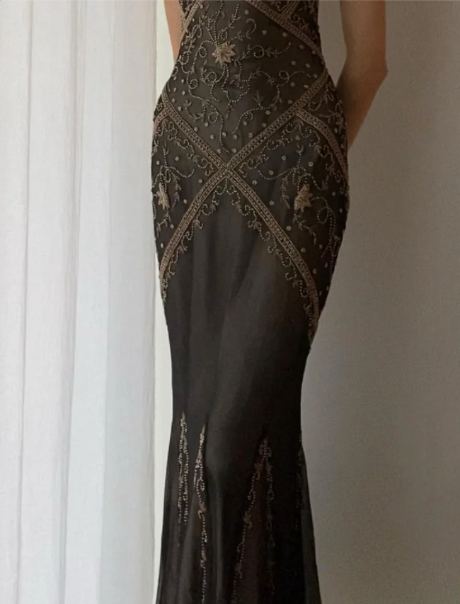 Vintage Black Mermaid V-Neck Backless Beaded Embroidered Chiffon Long Prom Dress Evening Dress P4215