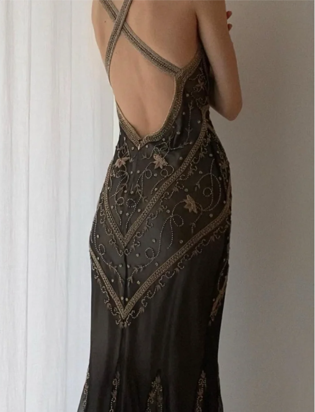 Vintage Black Mermaid V-Neck Backless Beaded Embroidered Chiffon Long Prom Dress Evening Dress P4215