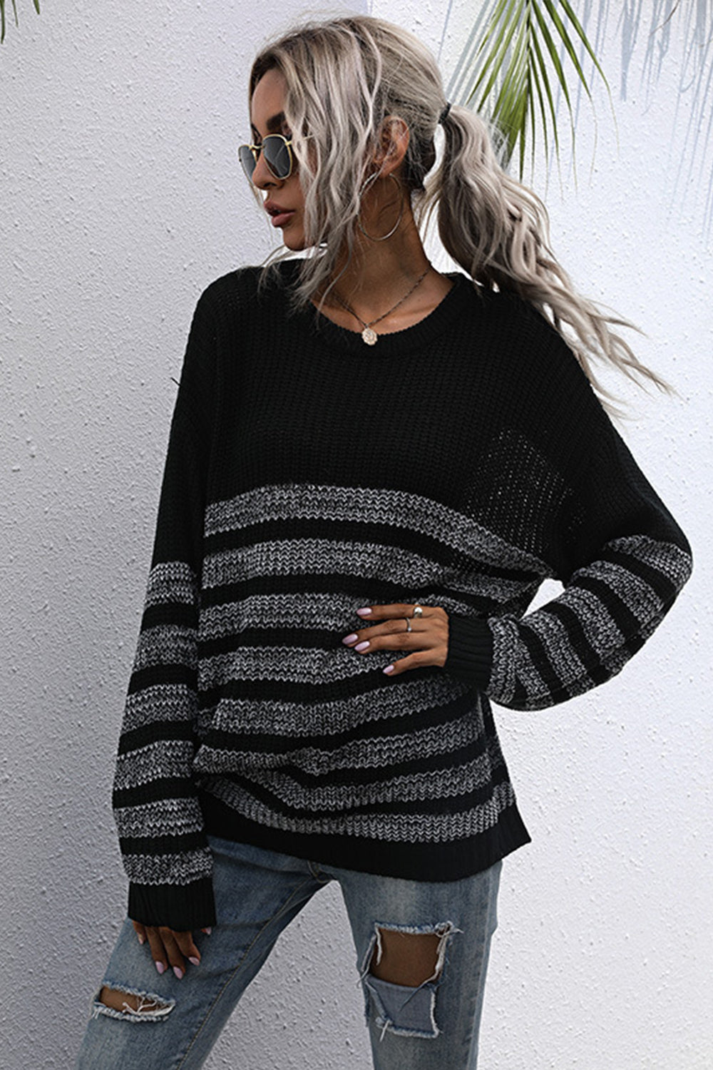 RadyRin Cozy Loose Long Sleeve Round Neck Sweater for Comfort