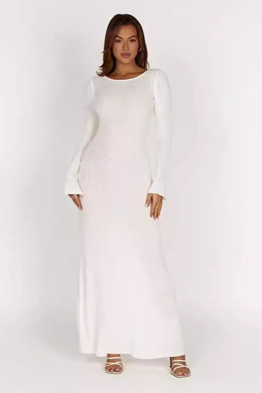 Knit Long Sleeve Lace-Up Back Bodycon Maxi Dress