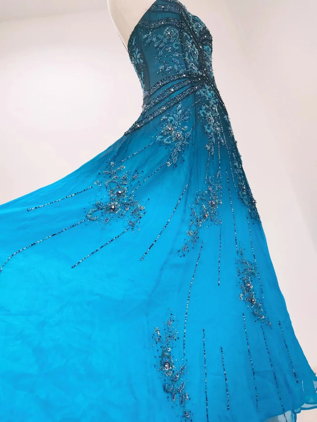 Vintage Blue A-line Thin Strap Beaded Chiffon Long Prom Dress Evening Dress P4216
