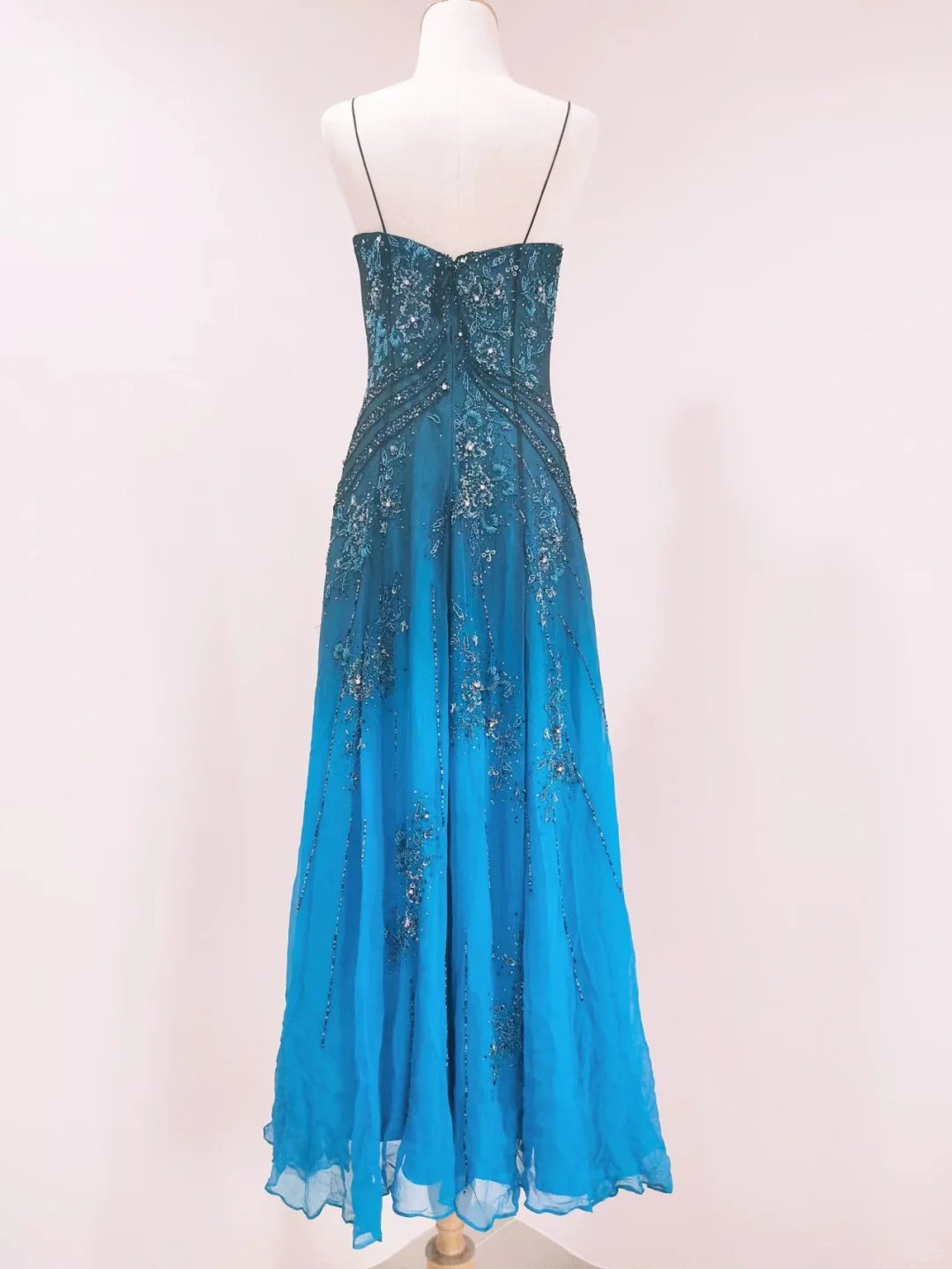 Vintage Blue A-line Thin Strap Beaded Chiffon Long Prom Dress Evening Dress P4216