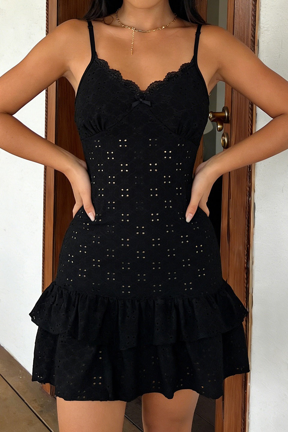 Eyelet Lace Trim V Neck Spaghetti Strap Tiered Mini Dress