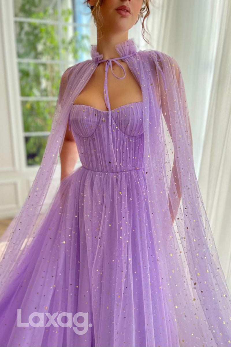 21779 - Spaghetti Straps Tulle Long Prom Dress With Gloves And Cloak
