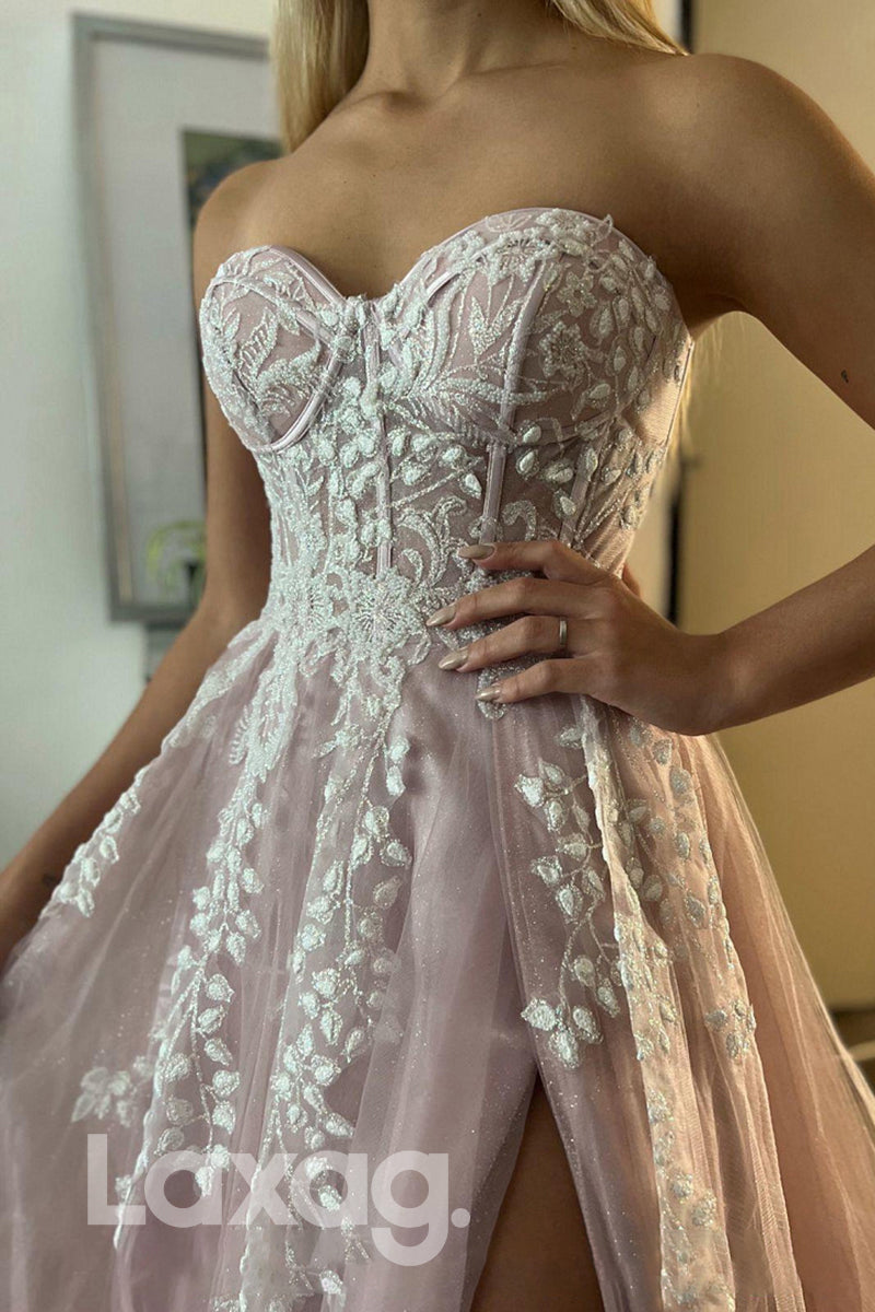 21801 - Sweetheart Lace Appliques Thigh Slit Prom Evening Dress