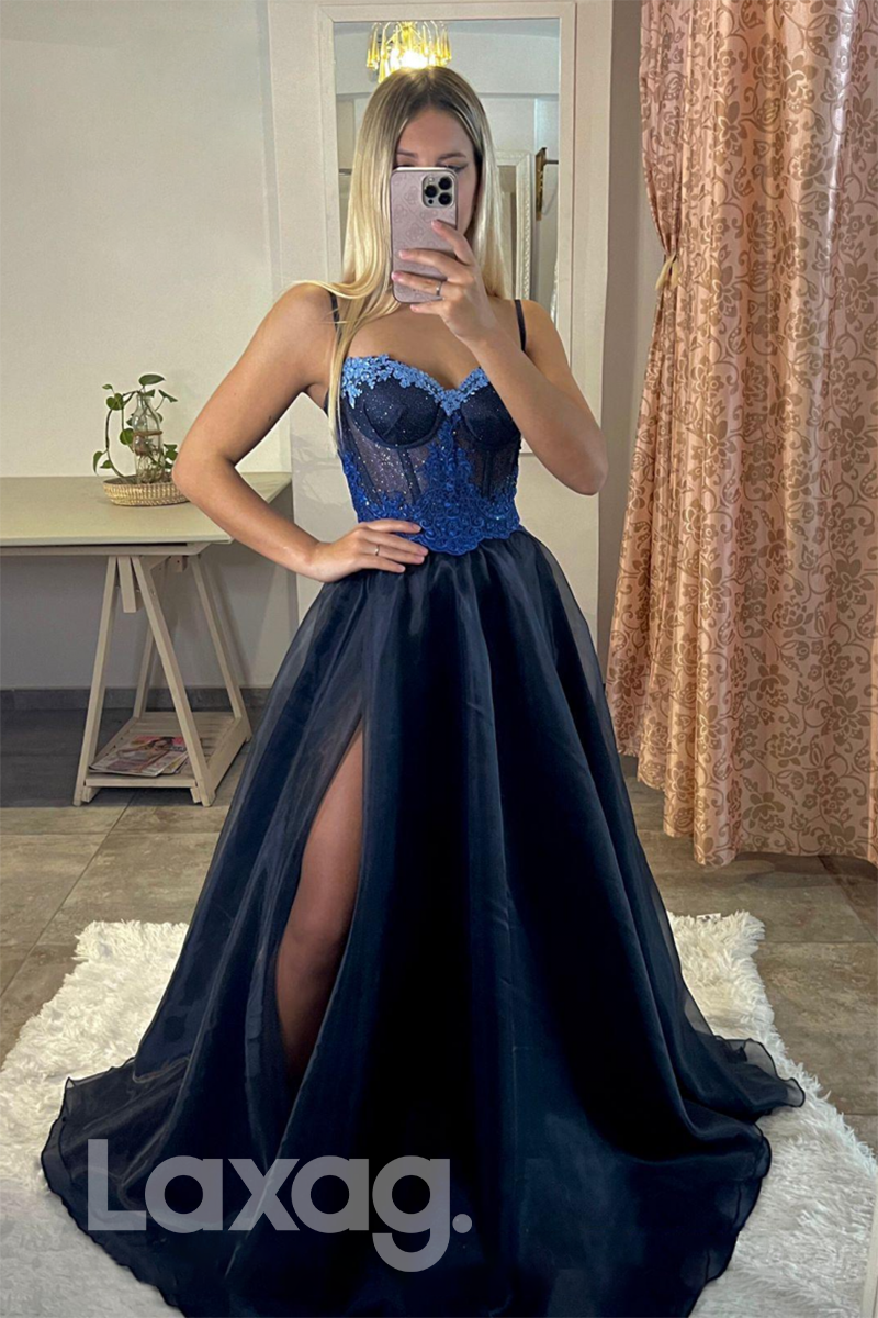 21804 - Spaghetti Thigh Slit Lace Appliques Glitter Navy Blue Prom Dress