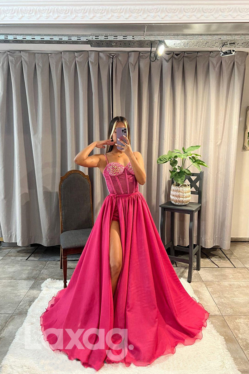 21807 - Spaghetti Thigh Slit Bone Bodice Glitter Prom Dress