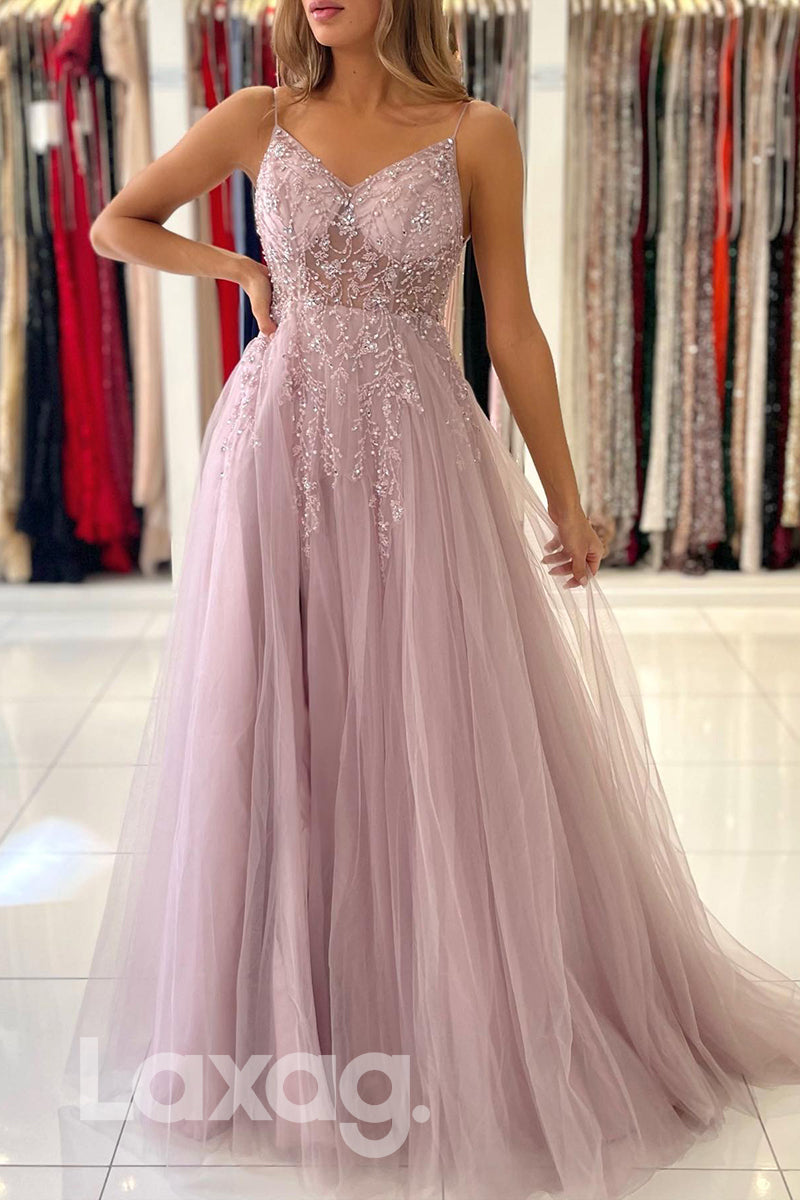 21821 - Spaghetti Pink Beaded Prom Evening Dress with Slit