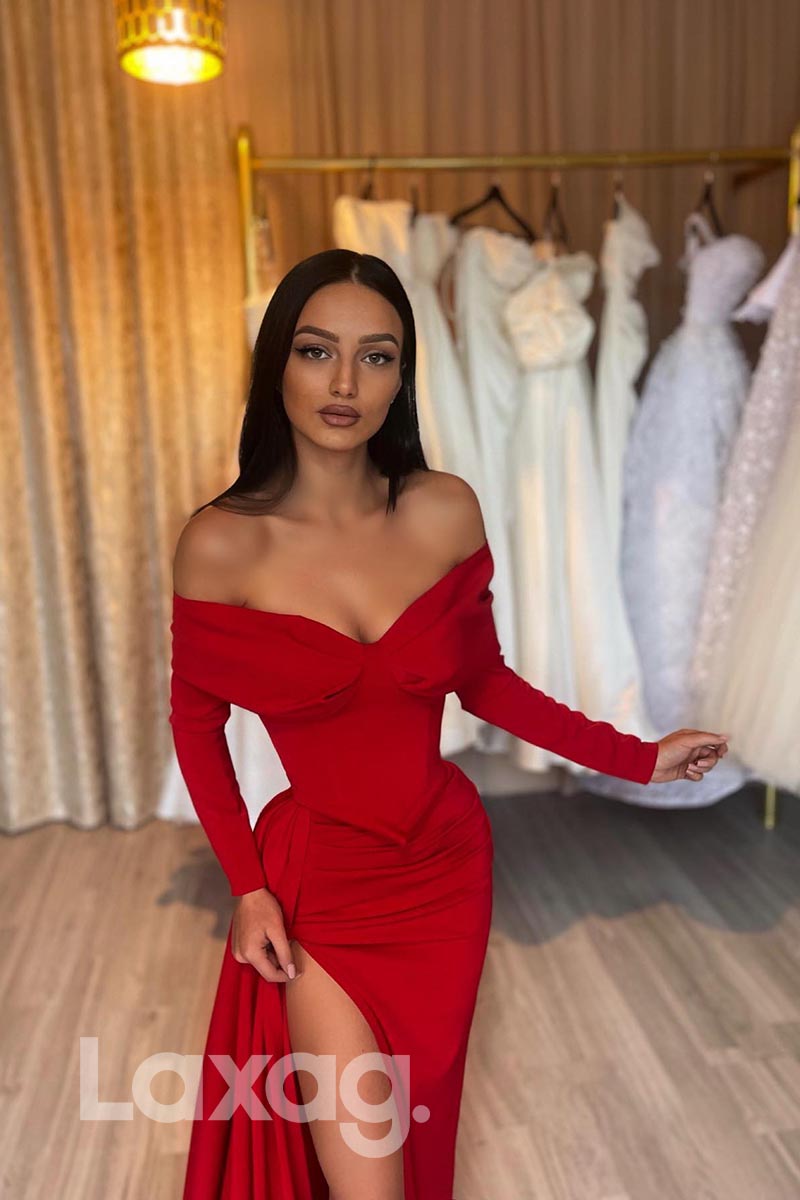 21848 - Off Shoulder Thigh Slit Long Sleeves Red Prom Evening Dress
