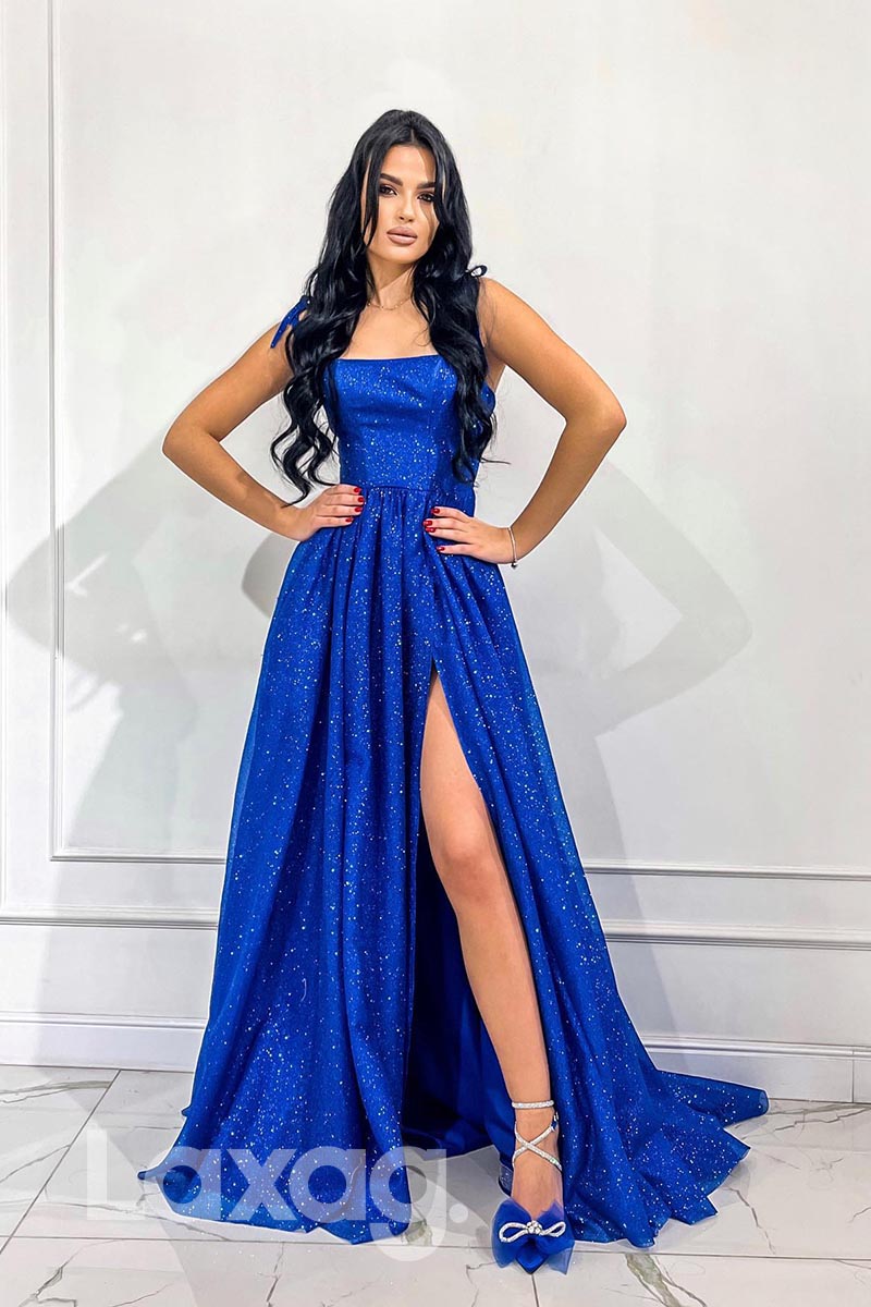 21884 - Royal Blue Glitter Thigh Slit Prom Evening Dress