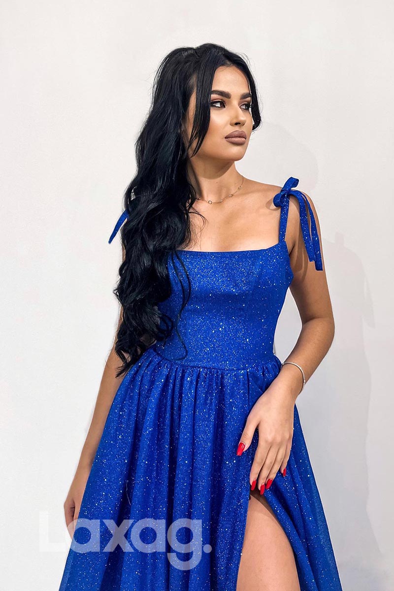 21884 - Royal Blue Glitter Thigh Slit Prom Evening Dress