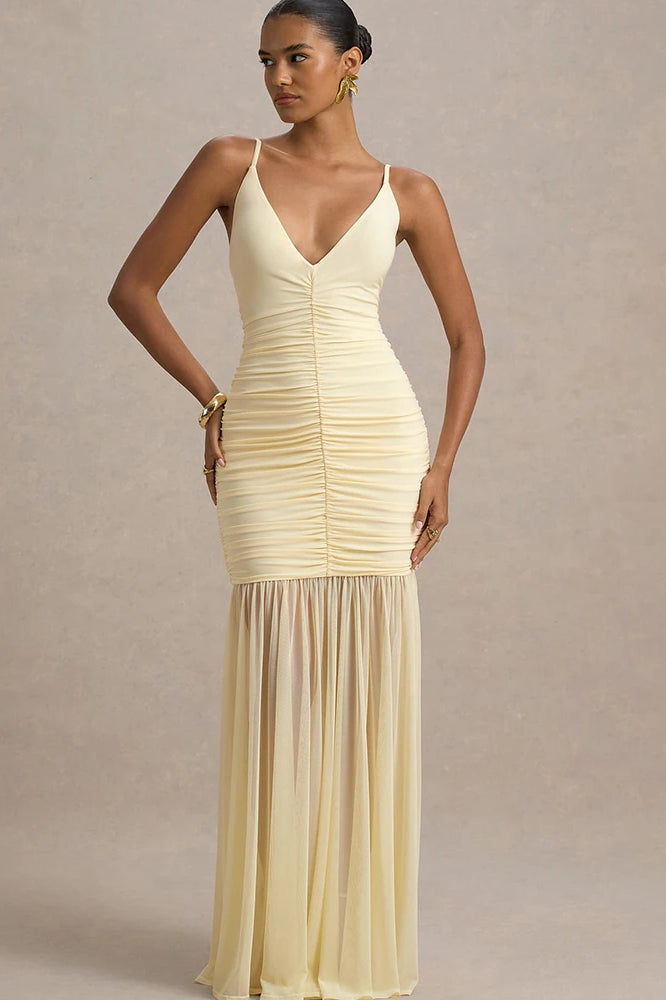 Patchwork V-Neck Ruched Backless Maxi Dress