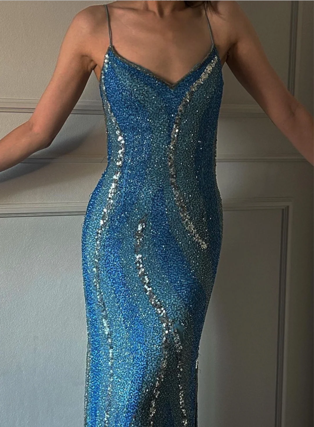 Gorgeous Blue Mermaid Halter V-neck Backless Sequined Long Prom Dress Evening Dress P4219