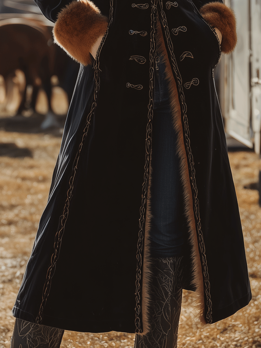 Vintage Black Velvet Faux Fur Trim Long Coat - Fashionpara