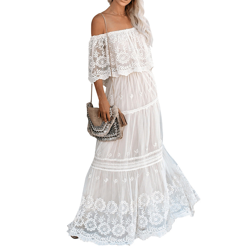 Embroidered Off Shoulder Tiered Maxi Dress