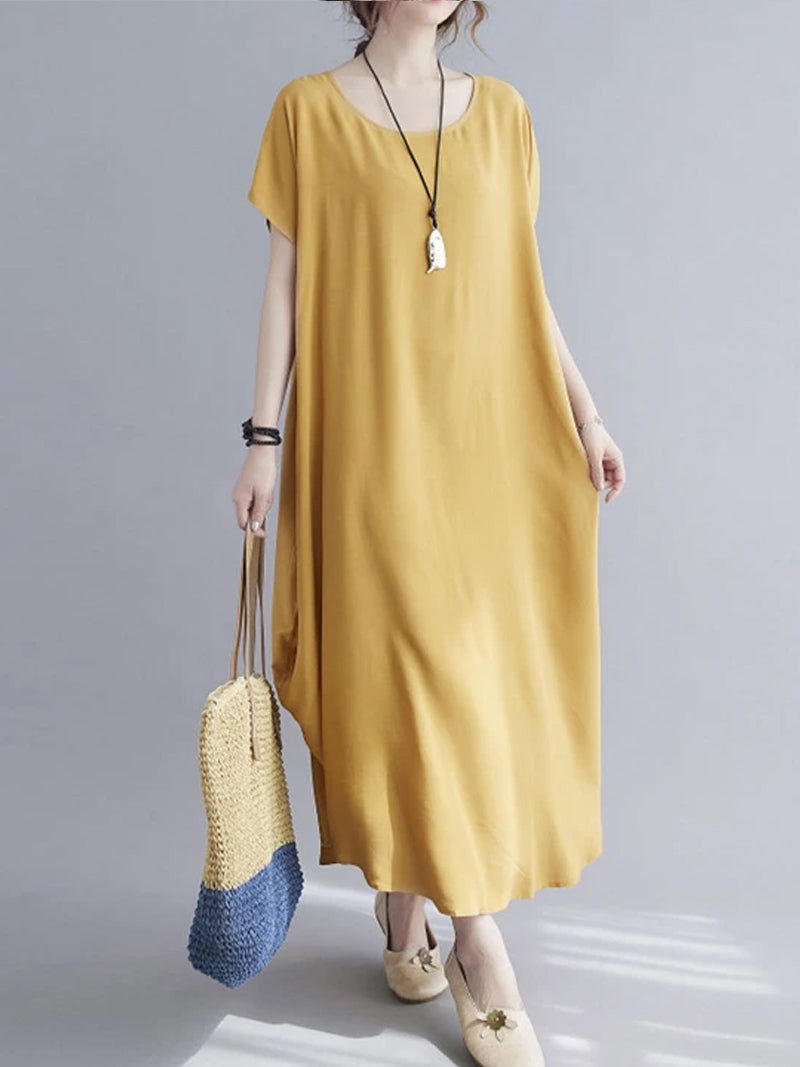 Cotton Round Neck Short Sleeve Cocoon Midi Dress 8