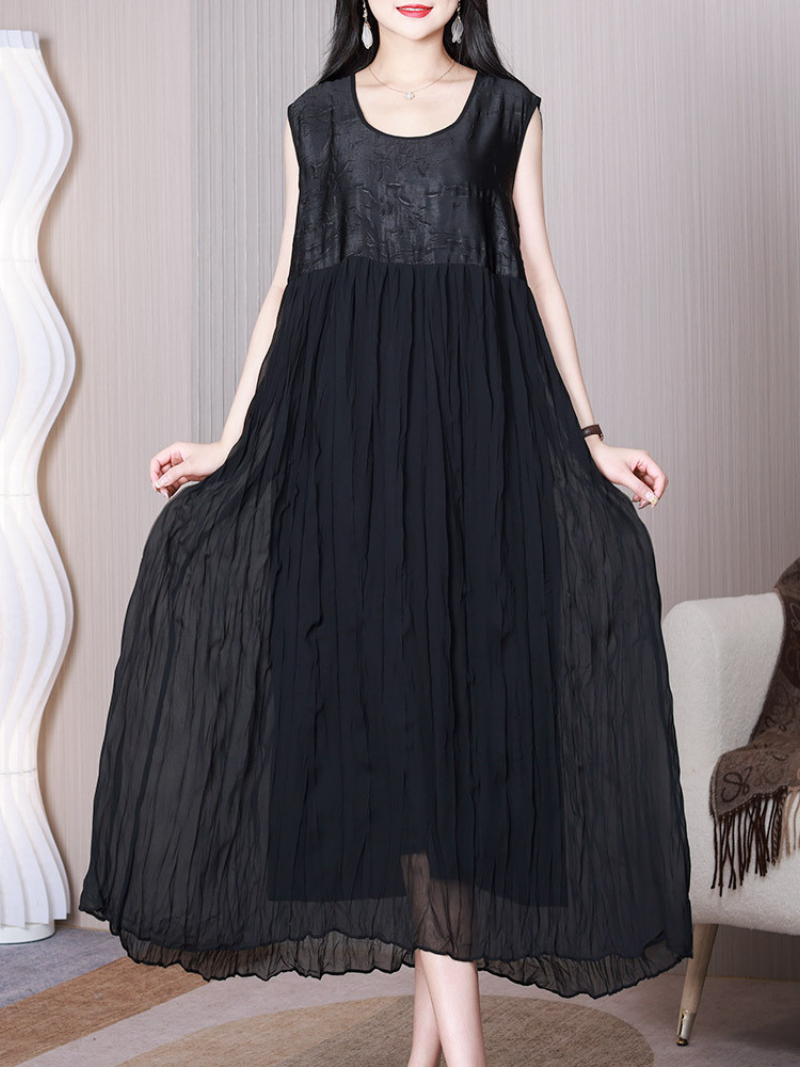 Faux-Leather Yoke Round Neck Sleeveless Pleated Midi Dress 4