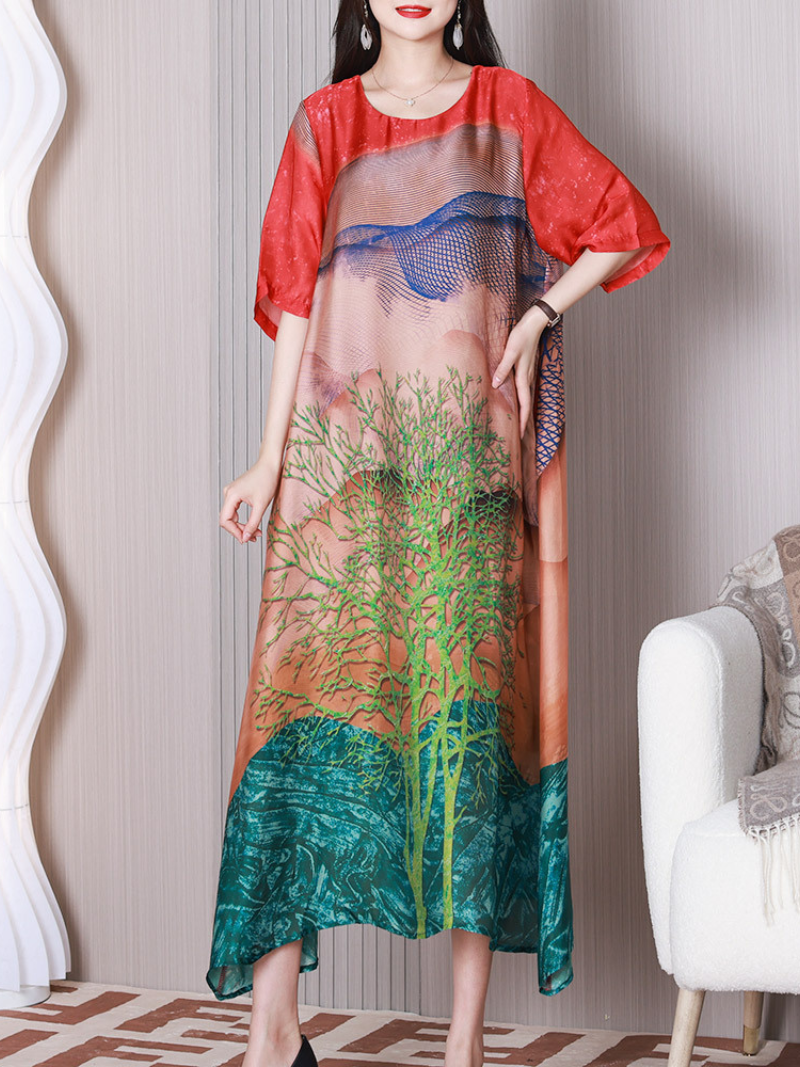 Printed Round Neck Half-Sleeve A-Line Maxi Dress 3