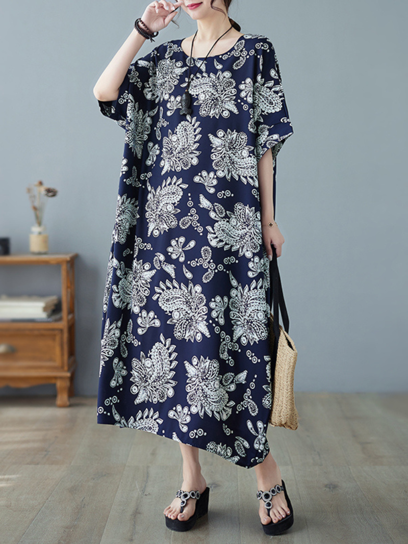 Paisley Print Round Neck Short Sleeve Kaftan Maxi Dress 4