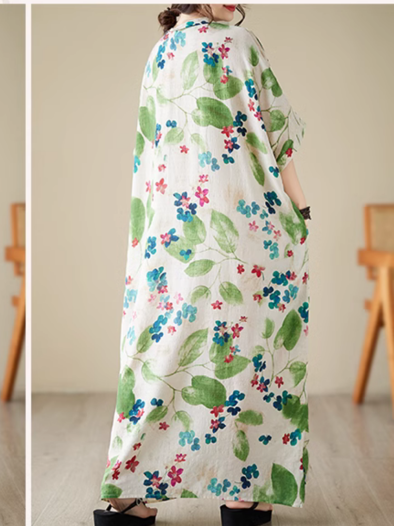 Leaf Print V-Neck Short-Sleeve Kaftan Maxi Dress 7