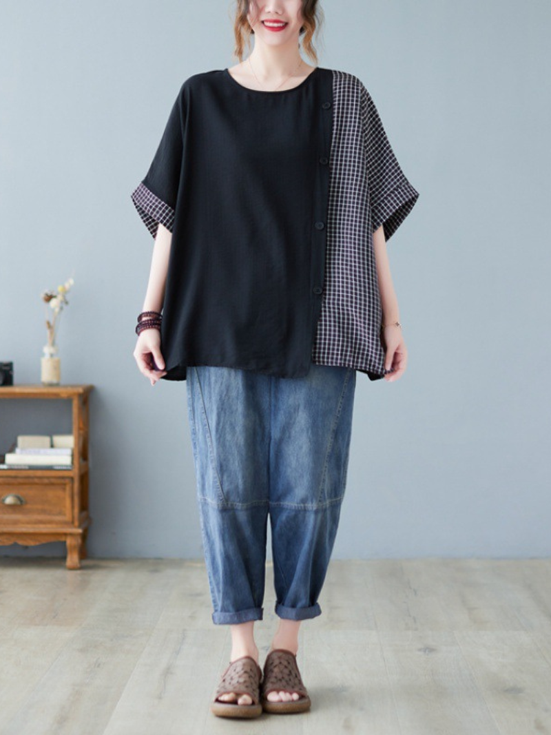Black Short Sleeve Button Down Oversized Tops Casual Work Top - Fashionpara