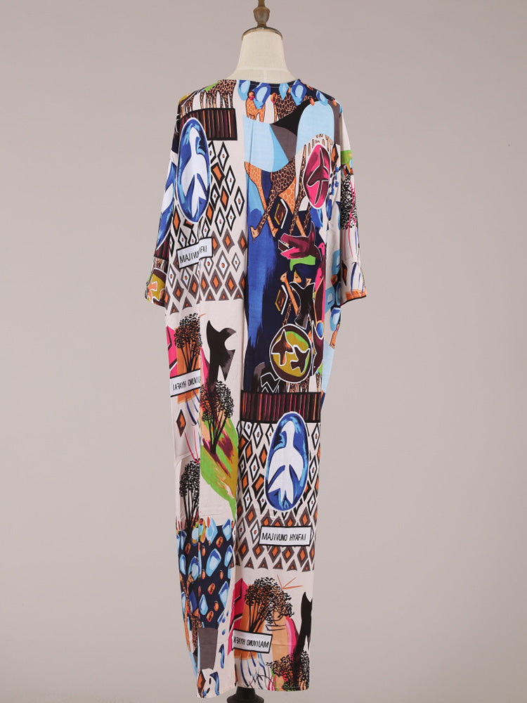 Printed Multicolor Cotton Long Length Gown Kimono Duster Robe - Fashionpara