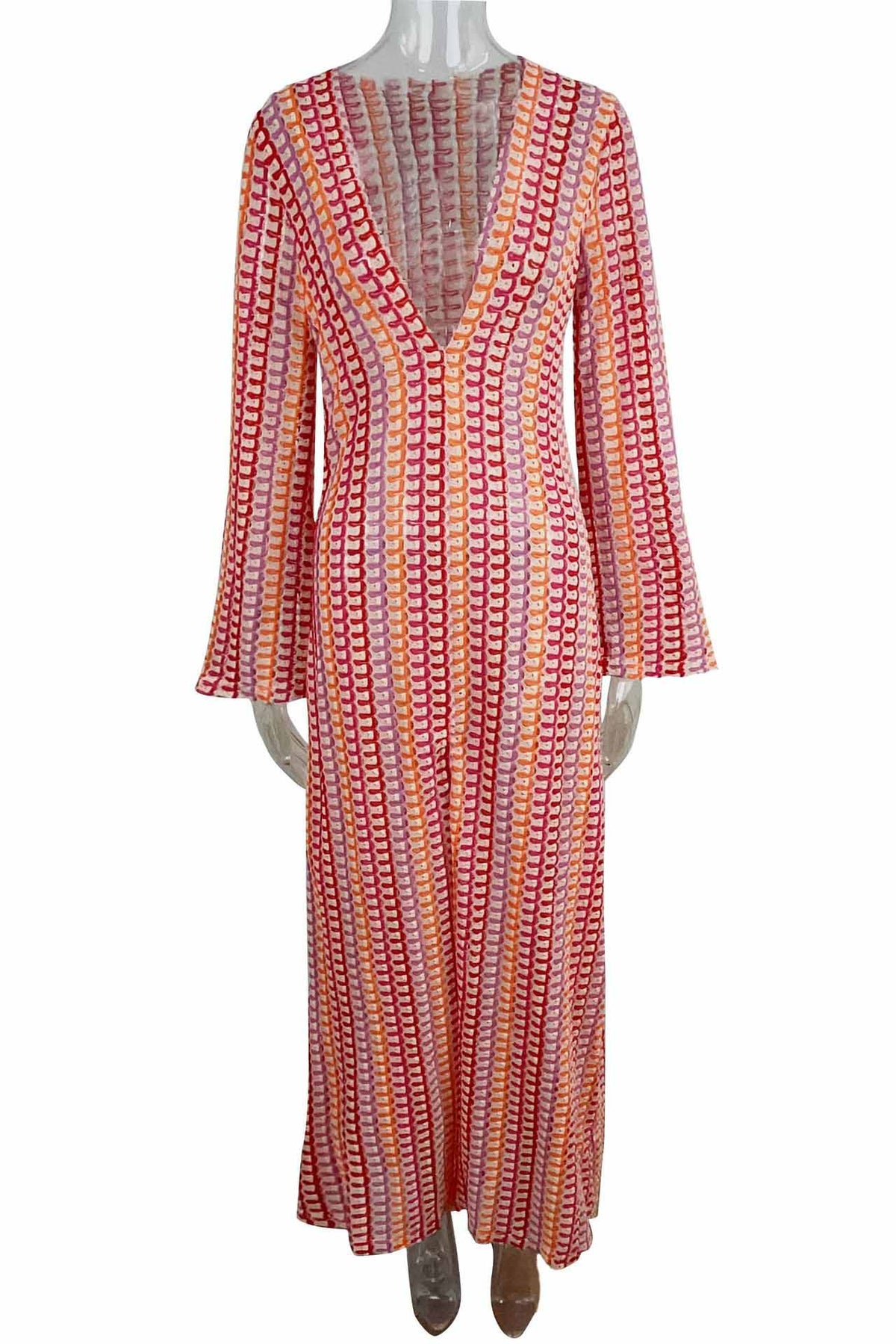 Crochet Deep V-Neck Long Sleeve Striped Boho Maxi Dress - View 21