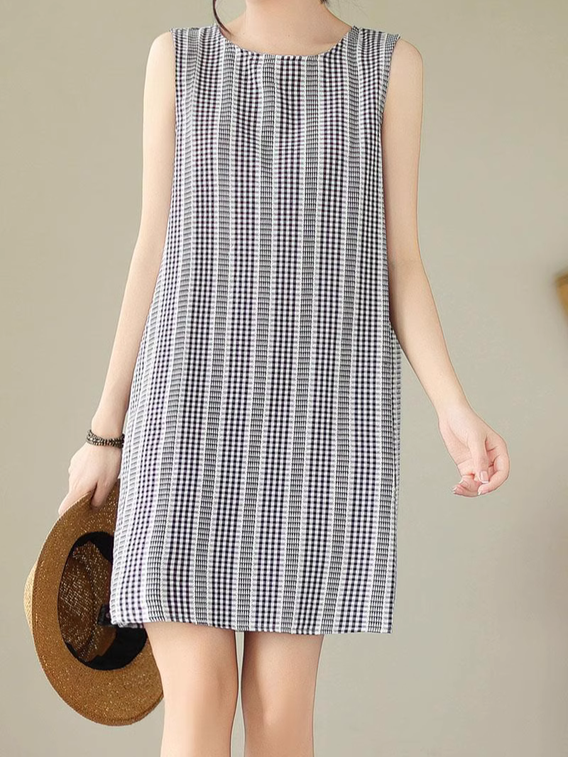 Gingham Check Vertical Stripe Round Neck Sleeveless Shift Mini Dress
